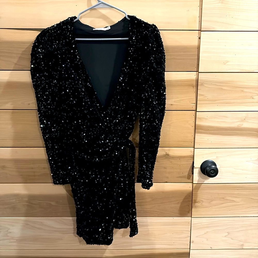Lush Black Sequin Wrap Dress